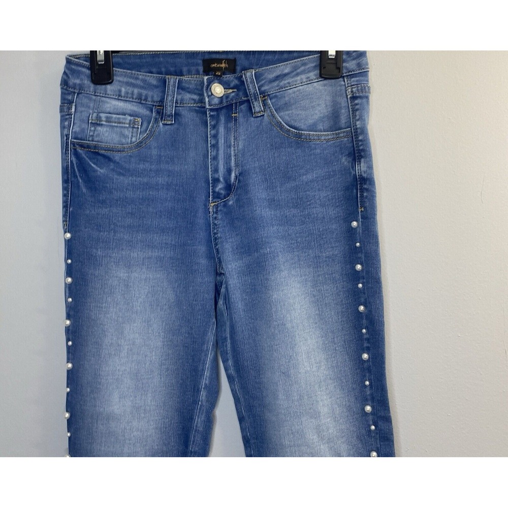 OnTwelfth Pearl Embellished‎ Jeans Womens 25 Blue Slim Raw Hem Medium Wash Denim
